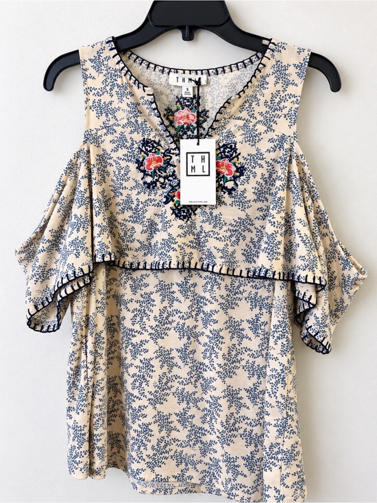 THML Tops - THML Beige Floral Cold-Shoulder Top with Navy and Pink Embroidery